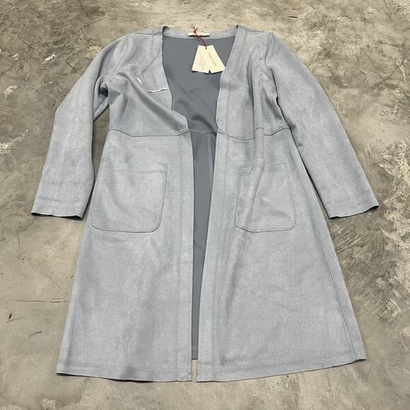 SOLITAIRE Anthropologie Jacket Women Size Medium Blue Open Cardigan Faux Suede - Picture 1 of 7